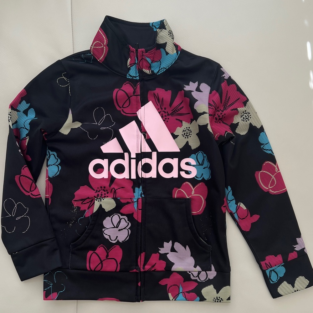 Size 5 Kids Adidas Black Jacket with Multicolor Floral Design